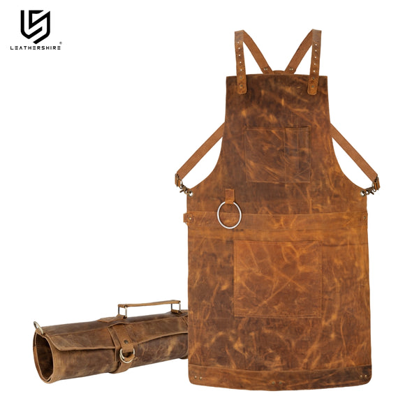 Tan Brown Leather Crossbody apron and Roll Gift Set