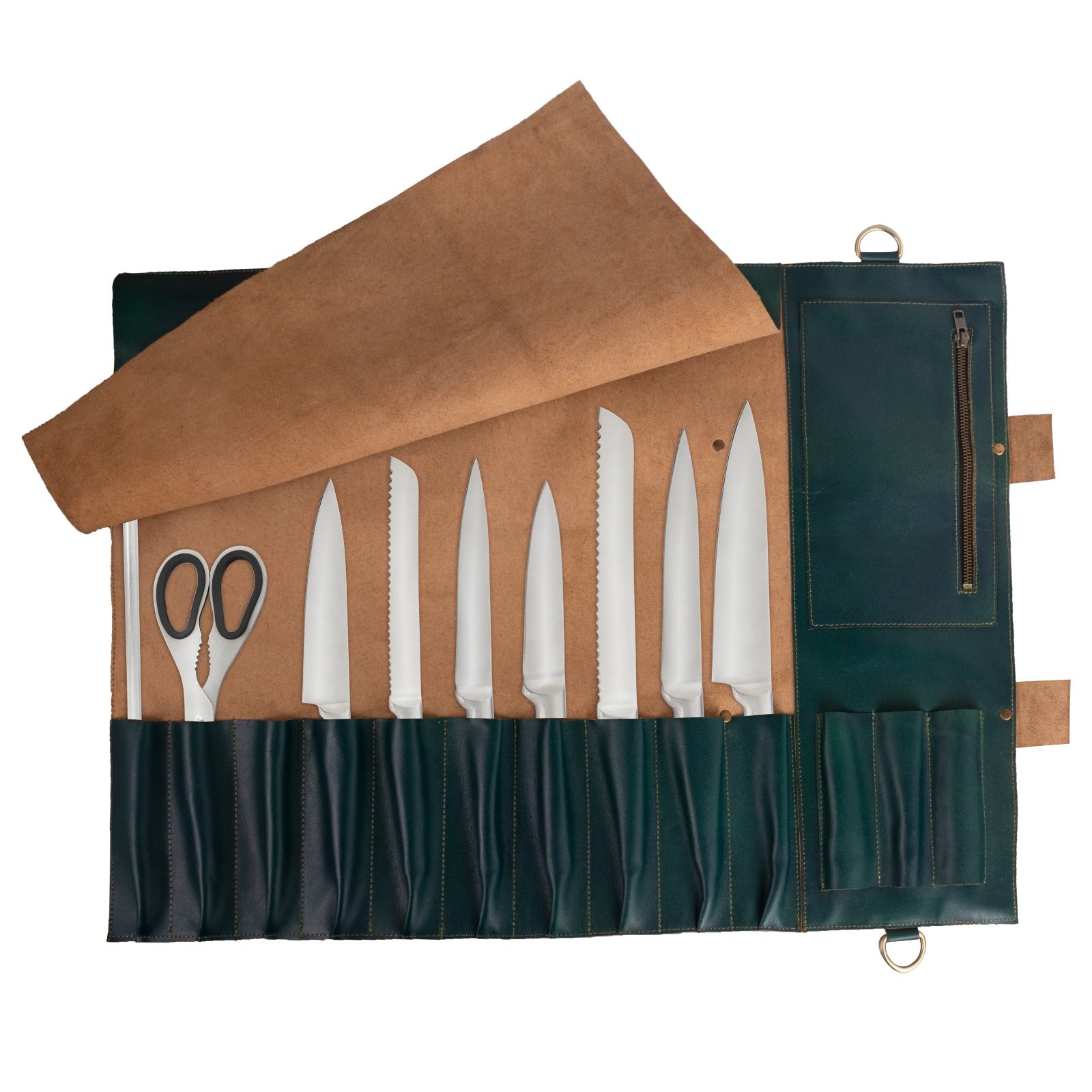 The Oxfordshire Full Grain 11 Pocket Handmade Green Leather Knife Roll