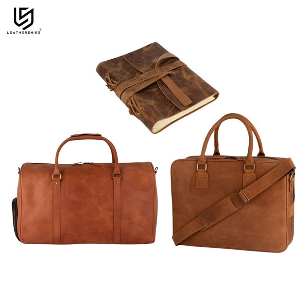 Tan Brown Leather Laptop Bag with Leather Journal and Dufffle Bag Gift Set - Leather Travel Set