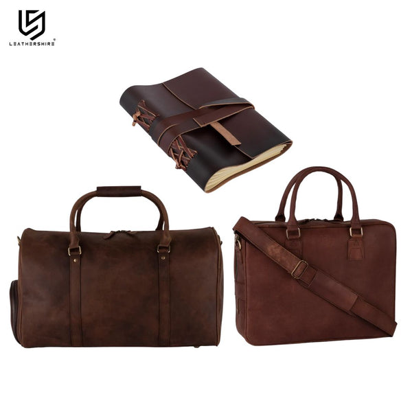 Brown Leather Laptop Bag with Leather Journal and Dufffle Bag Gift Set - Leather Travel Set