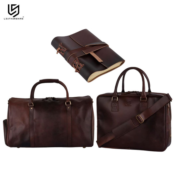 Dark Brown Leather Laptop Bag with Leather Journal and Dufffle Bag Gift Set - Leather Travel Set