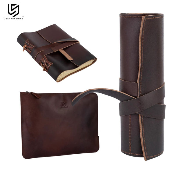 Leather Laptop Sleeve with Leather Journal and Pencil Roll Gift Set - Leather Office Set