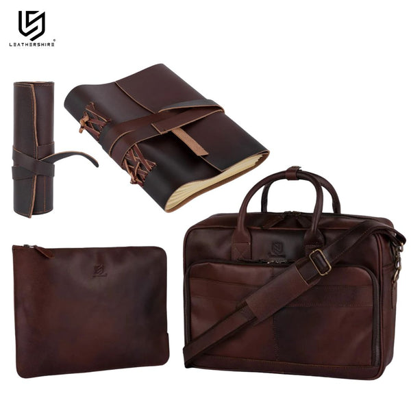 The Executive Office Set (4-in-1) Dark Brown Leather Laptop Bag & Laptop Sleeve with Leather Pencil  Roll & Leather Journal