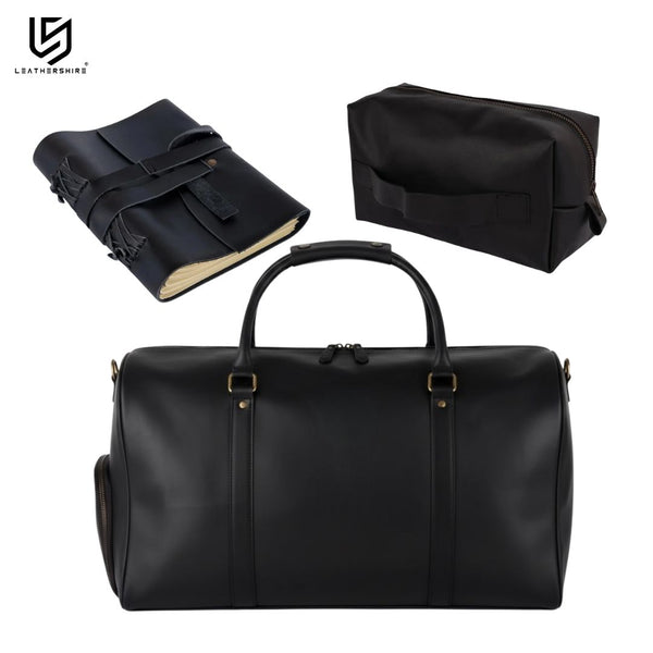 The Ultimate Travel Kit (3-in-1) Black Leather Duffle Bag with Leather Shaving Bag & Leather Journal