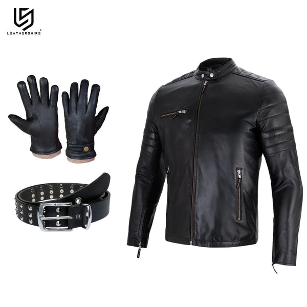 The Gentleman’s Style Box (3-in-1) Black Leather Jacket with Leather Gloves & Leather Belt