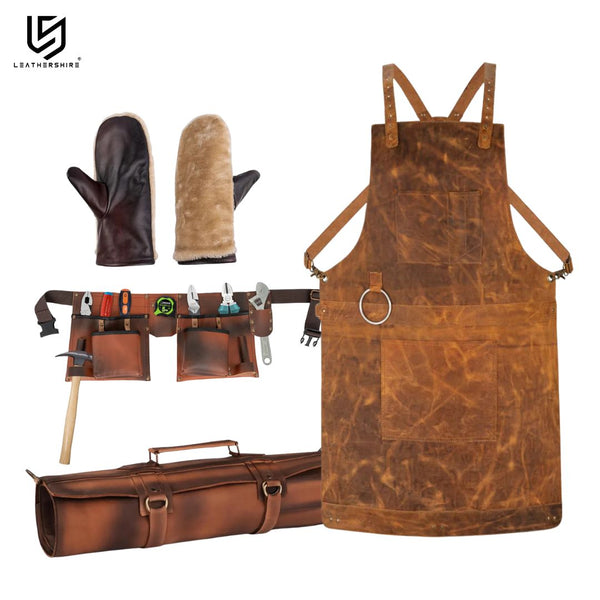The Chef Pro Deluxe Set (4-in-1) Tan Brown Crossbody Leather Apron with Leather Knife Roll & Leather Tool Belt & leather Mitts