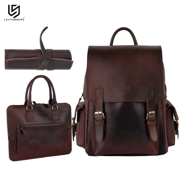 The Work-From-Anywhere Luxury Set (3-in-1) Leather Dark Brown Backpack with  Leather Laptop Sleeve &  Leather Pencil Roll