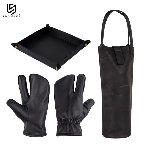 The Wine & Dine Premium Gift Set (3-in-1) Leather Dark Brown Wine bag with Leather Black Mitts &  Leather Tray
