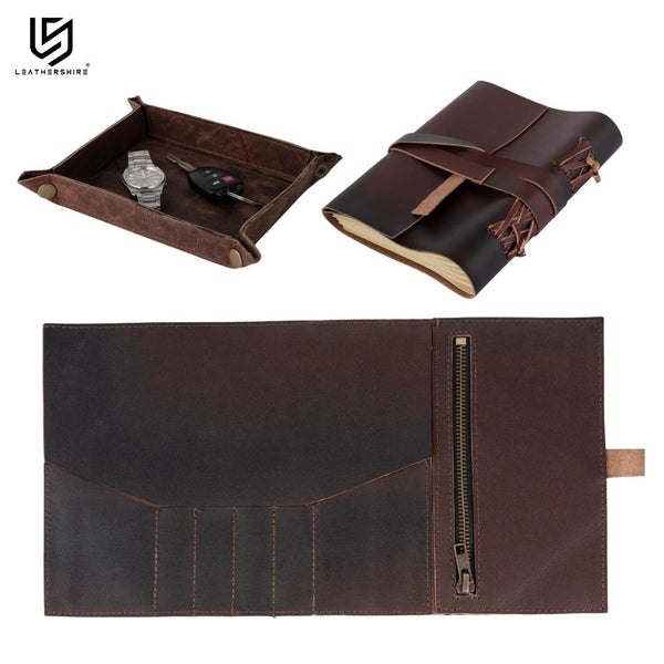 The Leather Lovers Stationery Set (3-in-1) Leather Green Journal  with Leather Pencil Roll &  Leather Tray