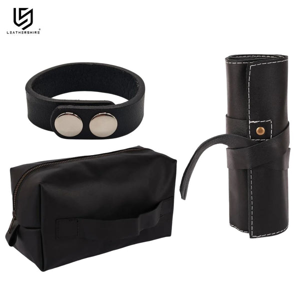 The Signature Men’s Grooming Set (3-in-1) Leather Black Watch Roll with Leather Wristband &  Leather Shaving Bag
