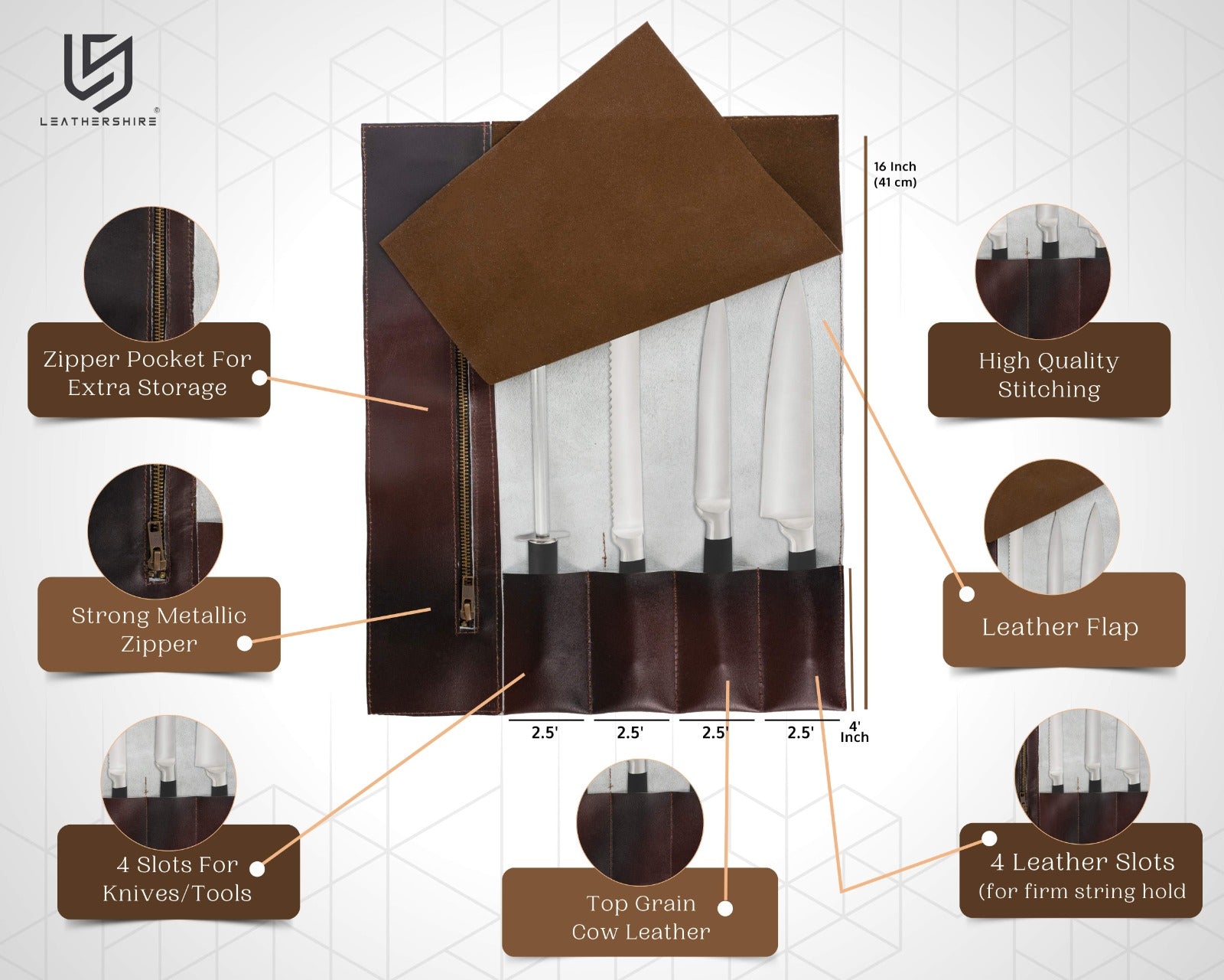 The Warwickshire Handmade Dark Brown Leather Chef Roll