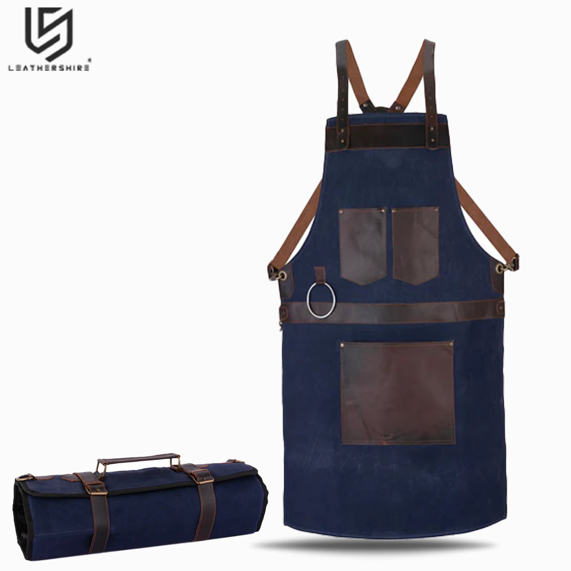 Waxed Blue Leather Canvas apron and Roll Gift Set