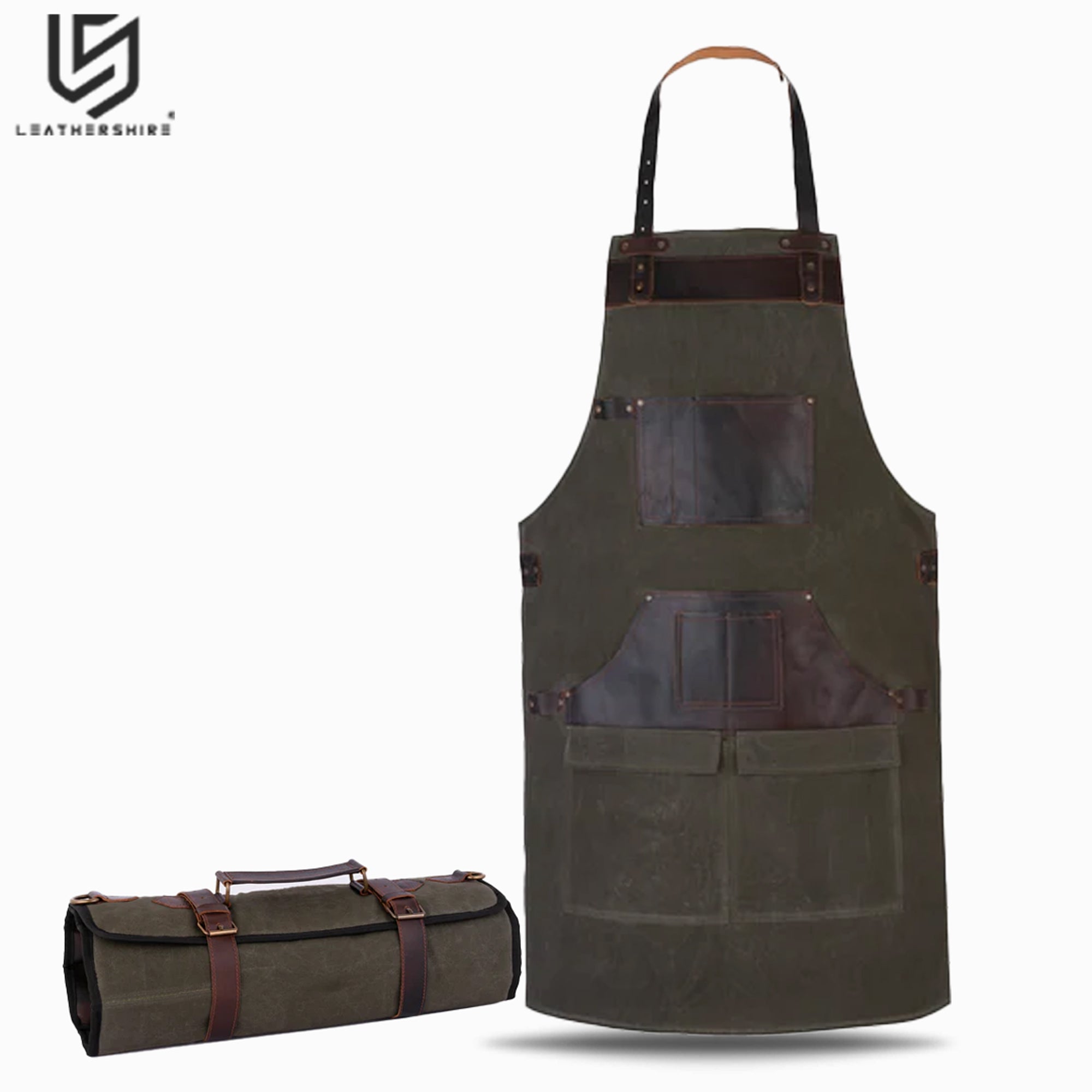 Waxed Green Leather Canvas apron and Roll Gift Set