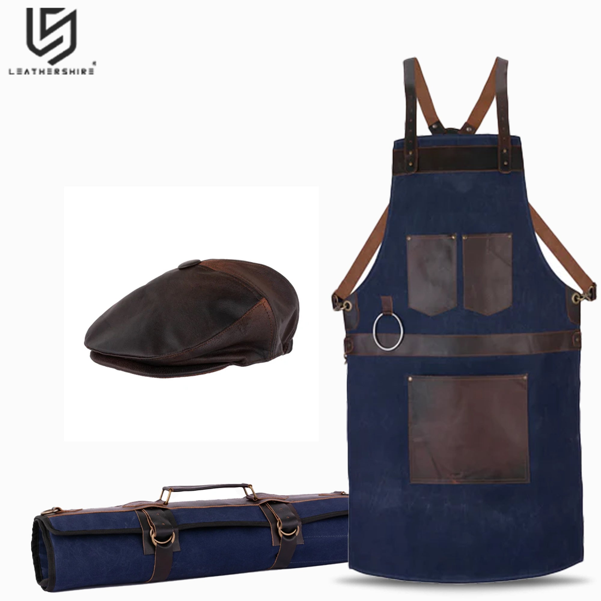 Waxed Blue Leather Canvas apron and Roll with Cap Gift Set