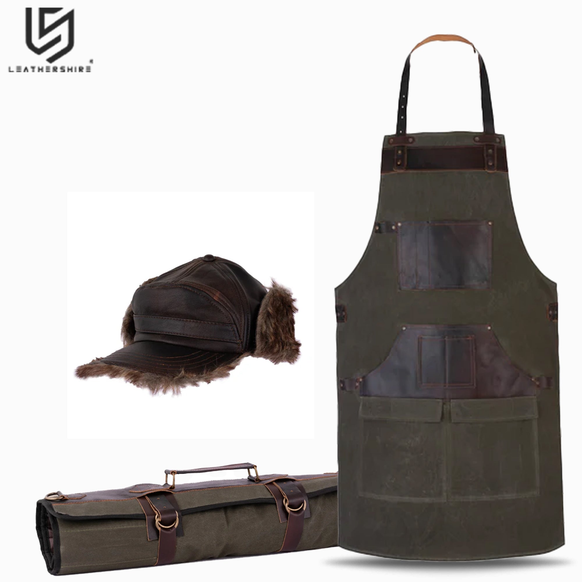 Waxed Green Leather Canvas apron and Roll with Cap Gift Set