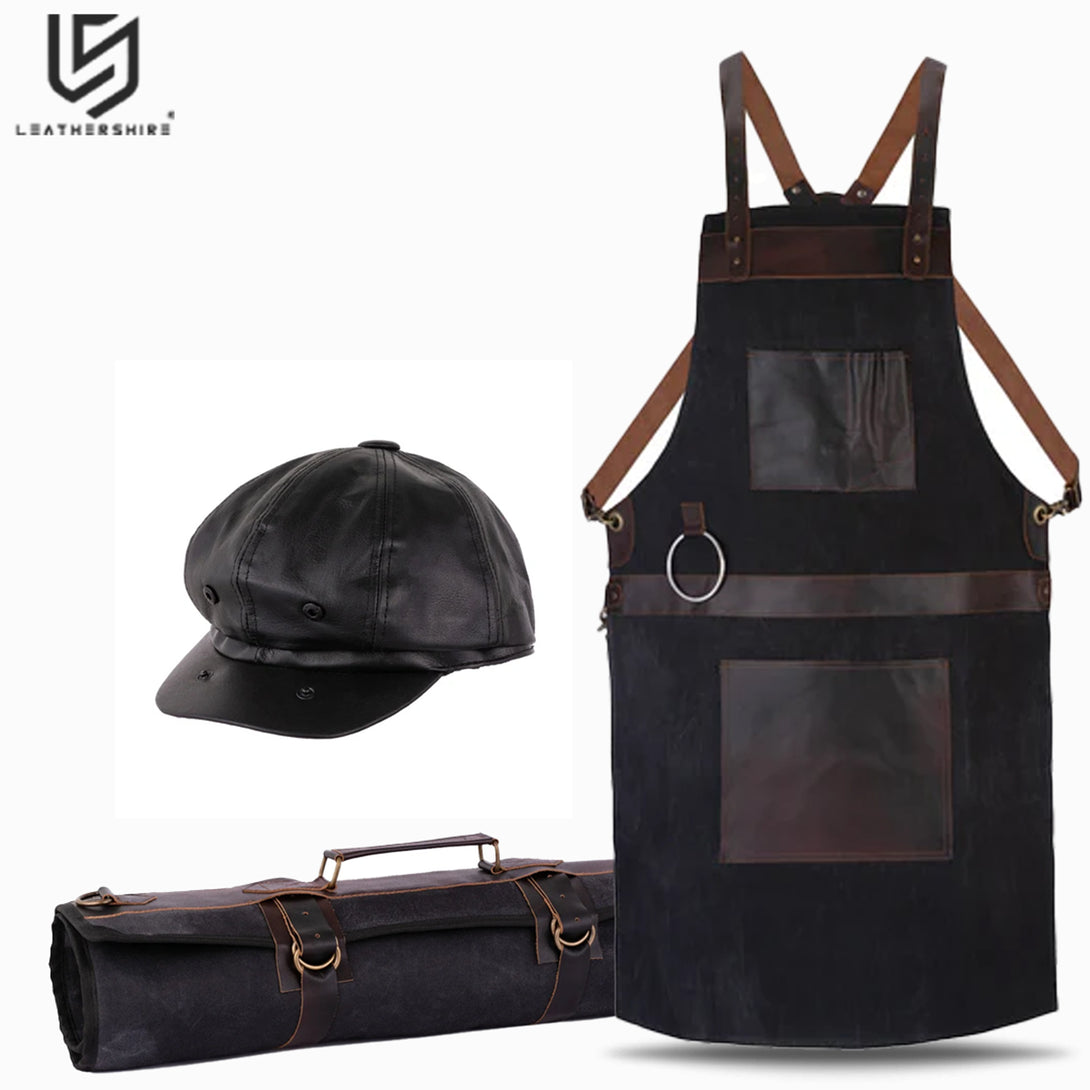 Apron Ropol Waxed Black Leather Canvas apron and Roll with Cap Gift Set – LEATHERSHIRE