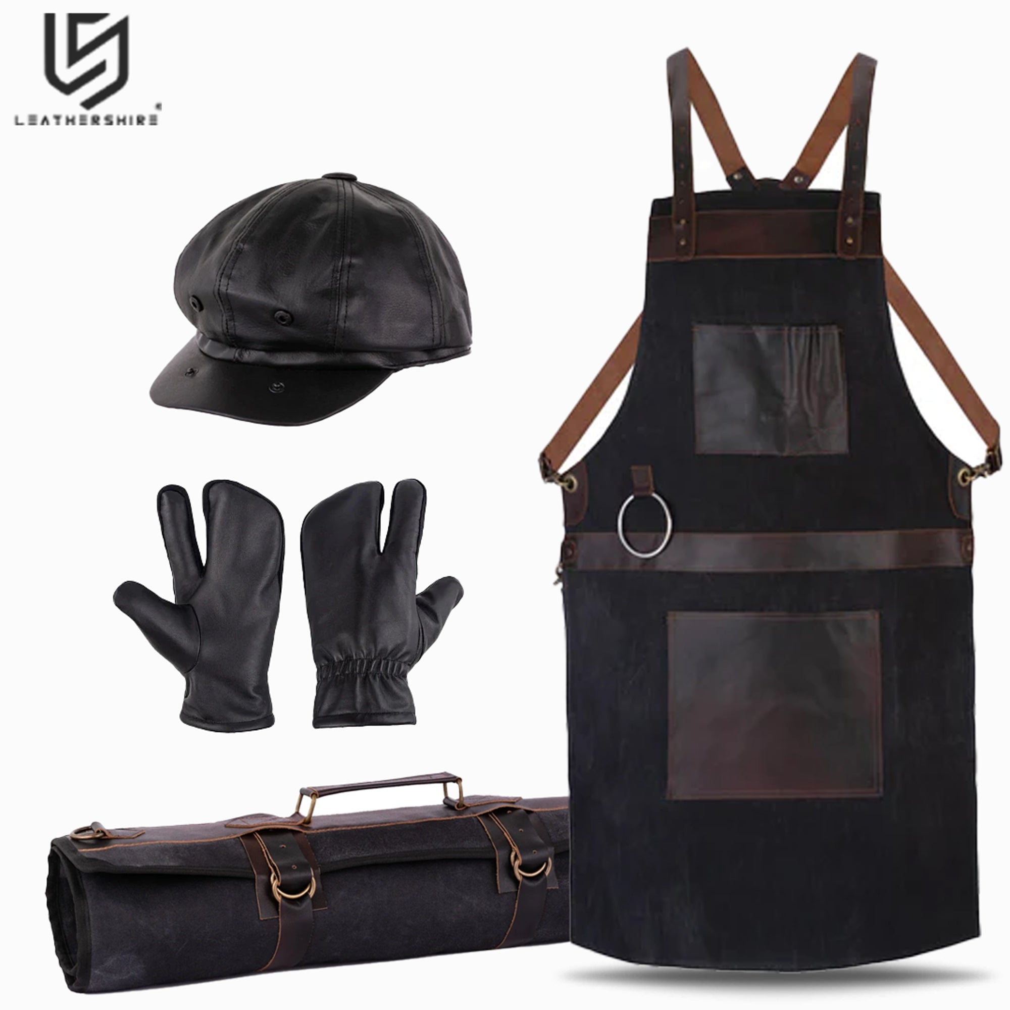 Waxed Black Leather Canvas apron and Roll with Cap and Mitts Gift Set