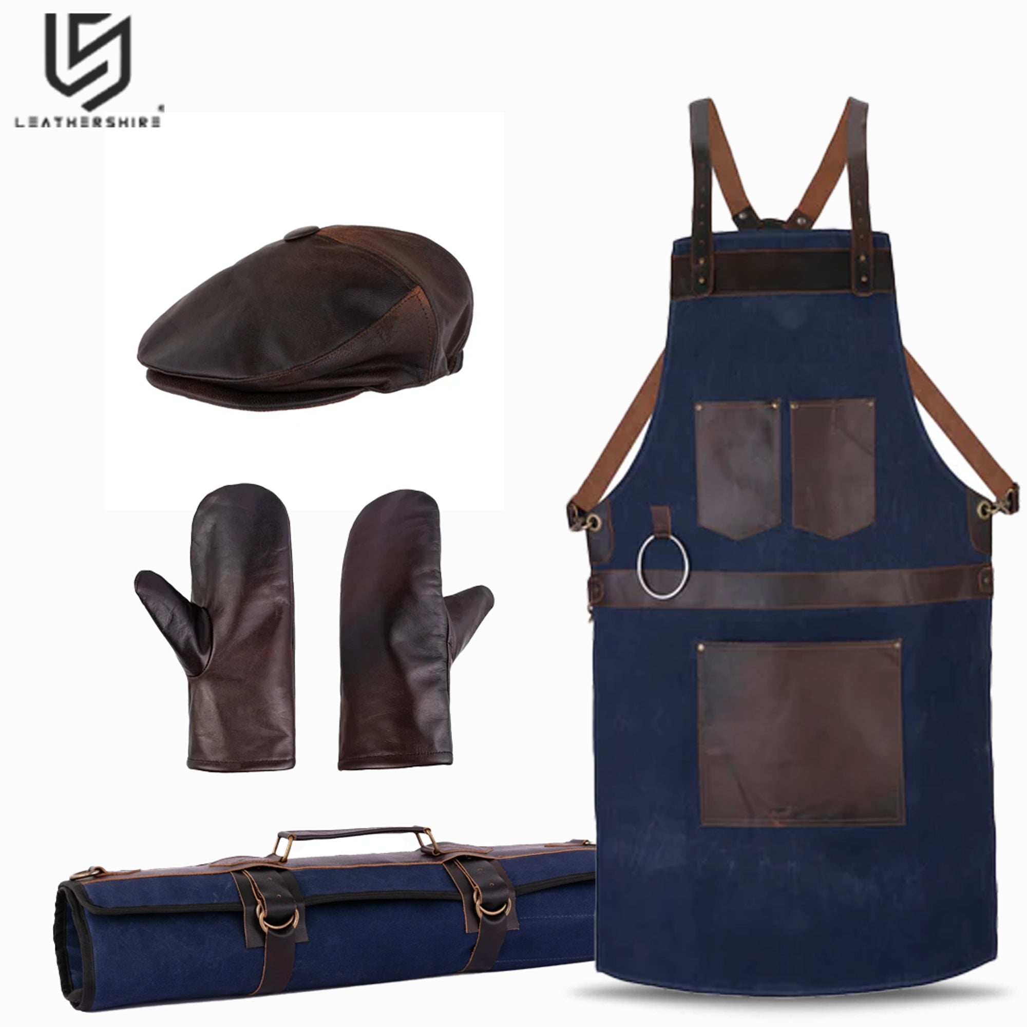 Waxed Blue Leather Canvas apron and Roll with Cap and Mitts Gift Set