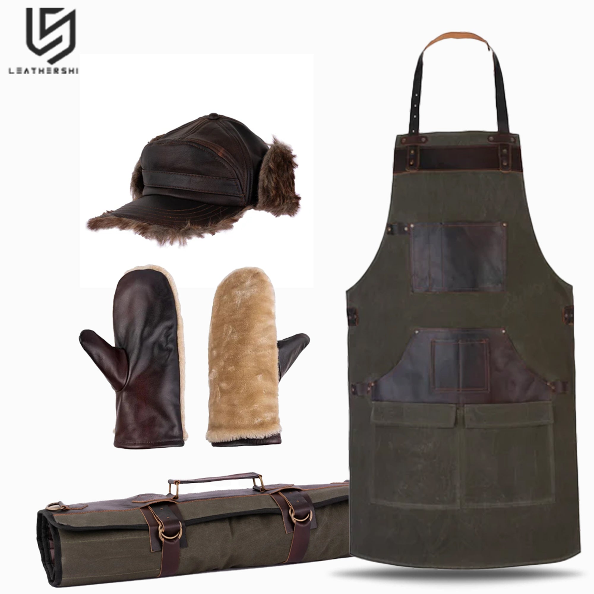 Waxed Green Leather Canvas apron and Roll with Cap and Mitts Gift Set