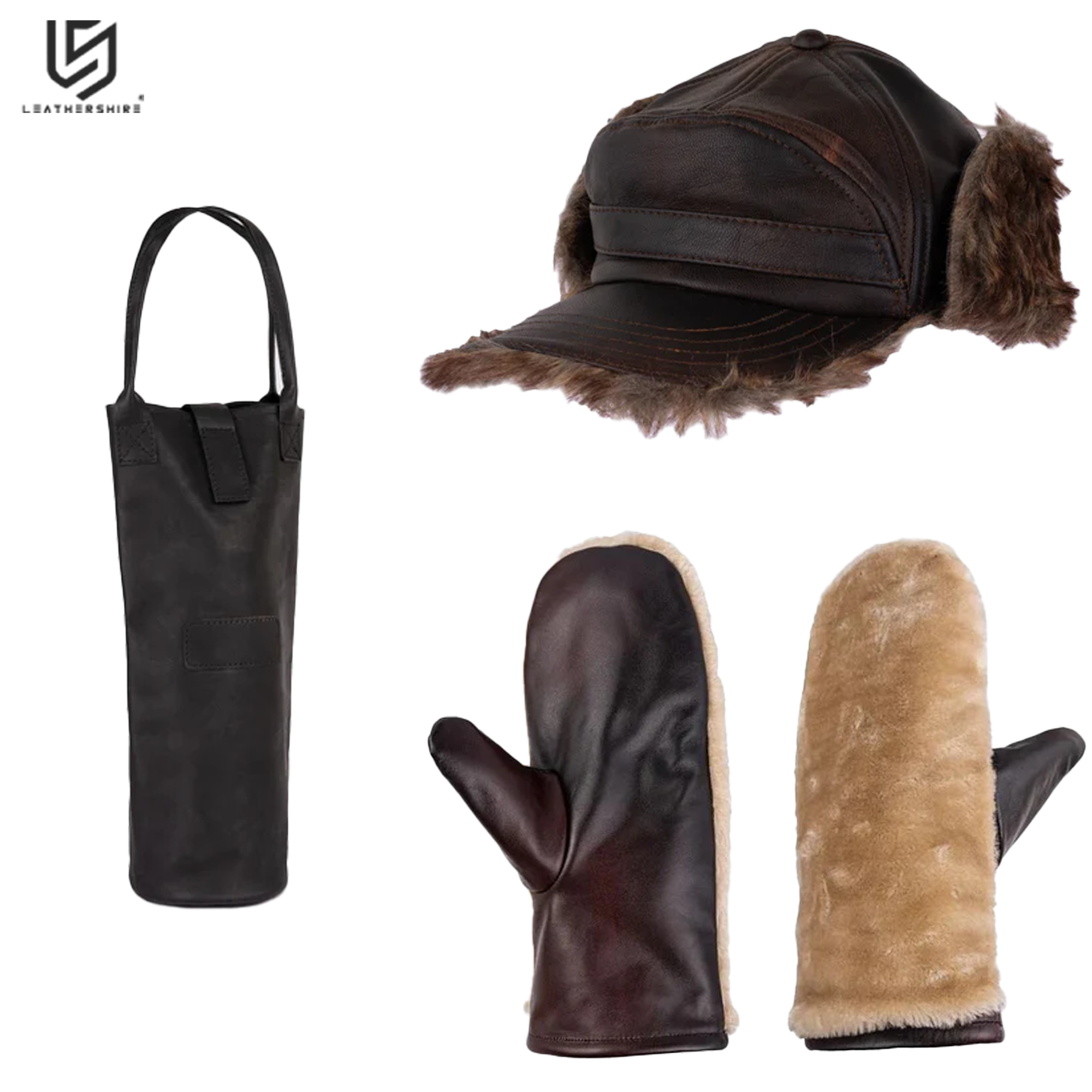 Leather Mitts with Leather Cap and Wine Bag Gift Set