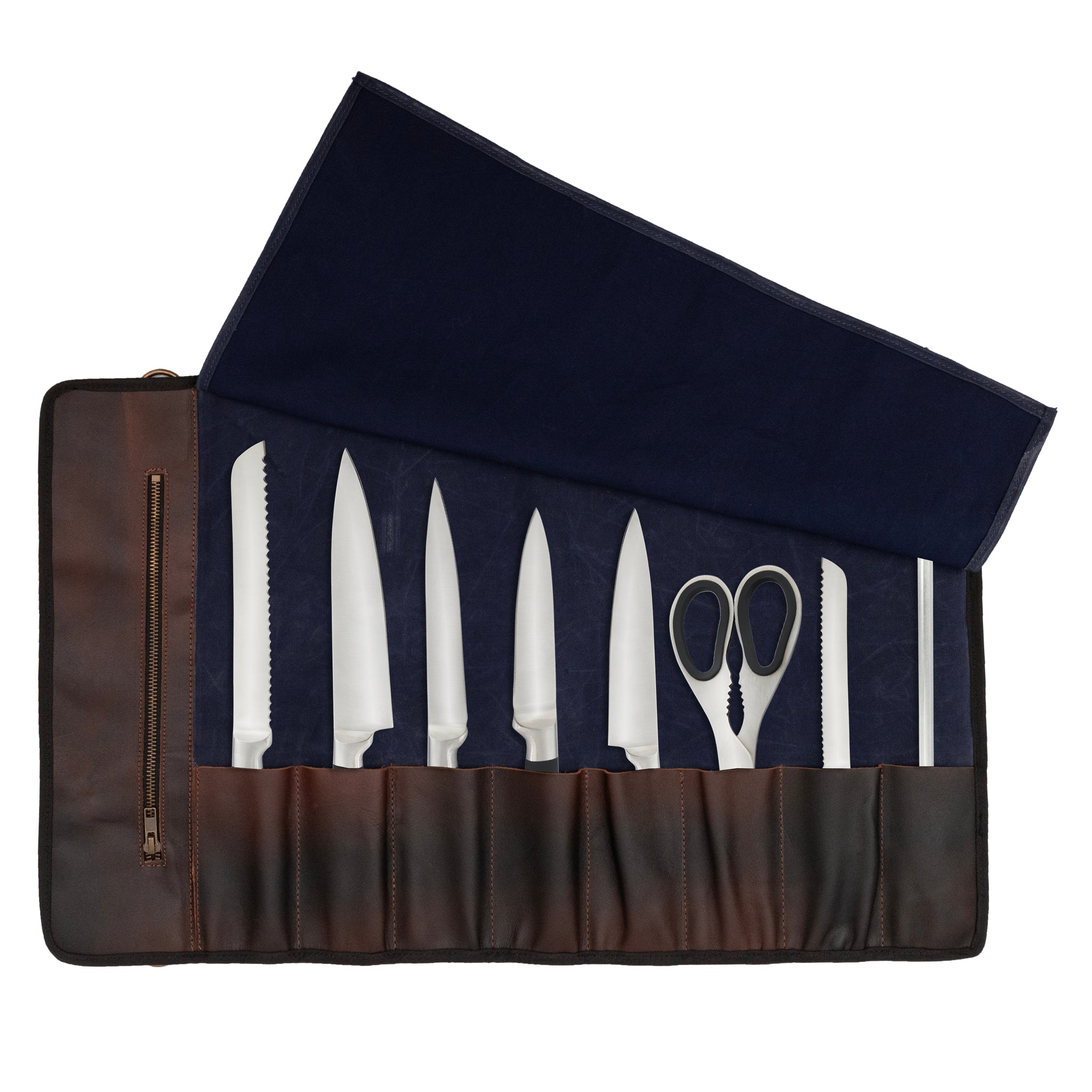 The Lancashire Waxed Blue 10 Pocket Knife Roll Chef Roll Leather Roll Tool Roll