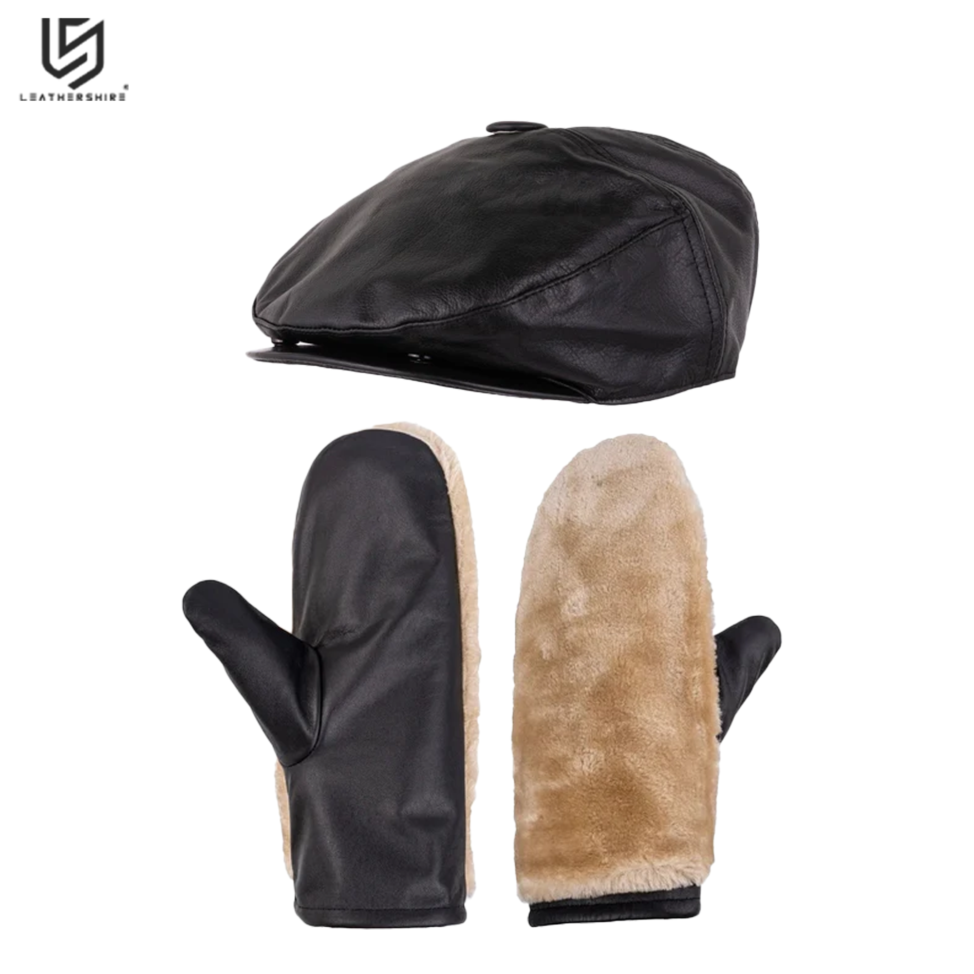 Black Leather Mitts with Leather Cap Gift Set