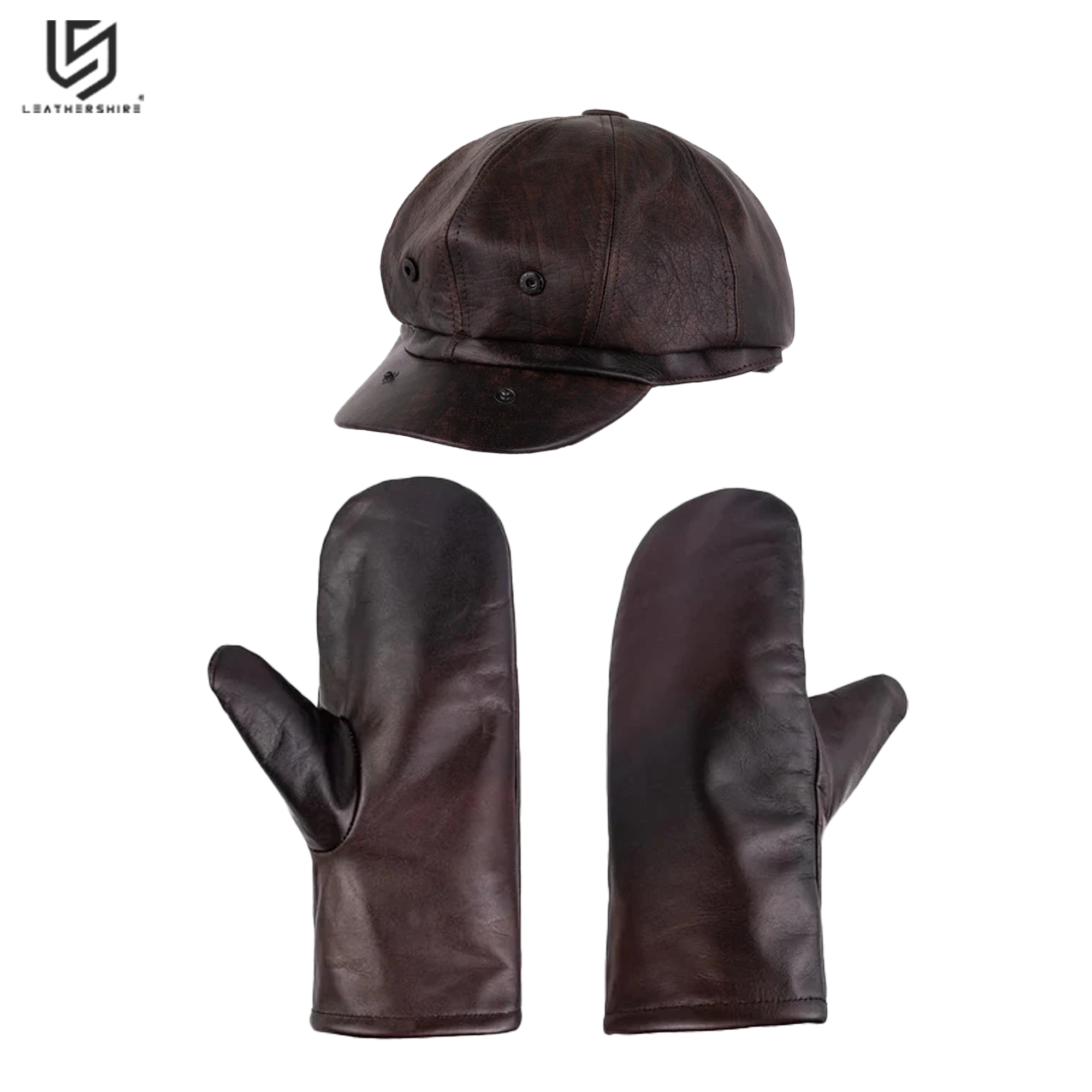 Brown Leather Mitts with Leather Cap Gift Set