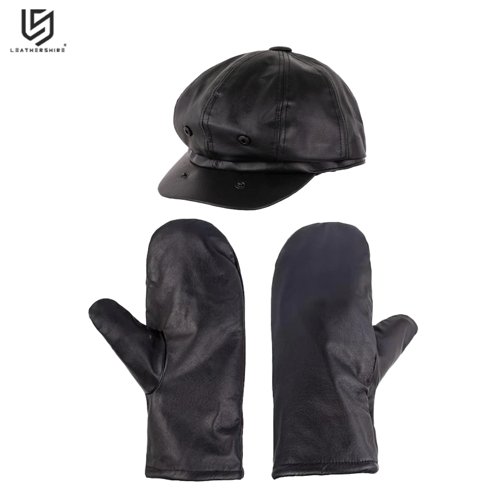 Black Leather Mitts with Leather Cap Gift Set