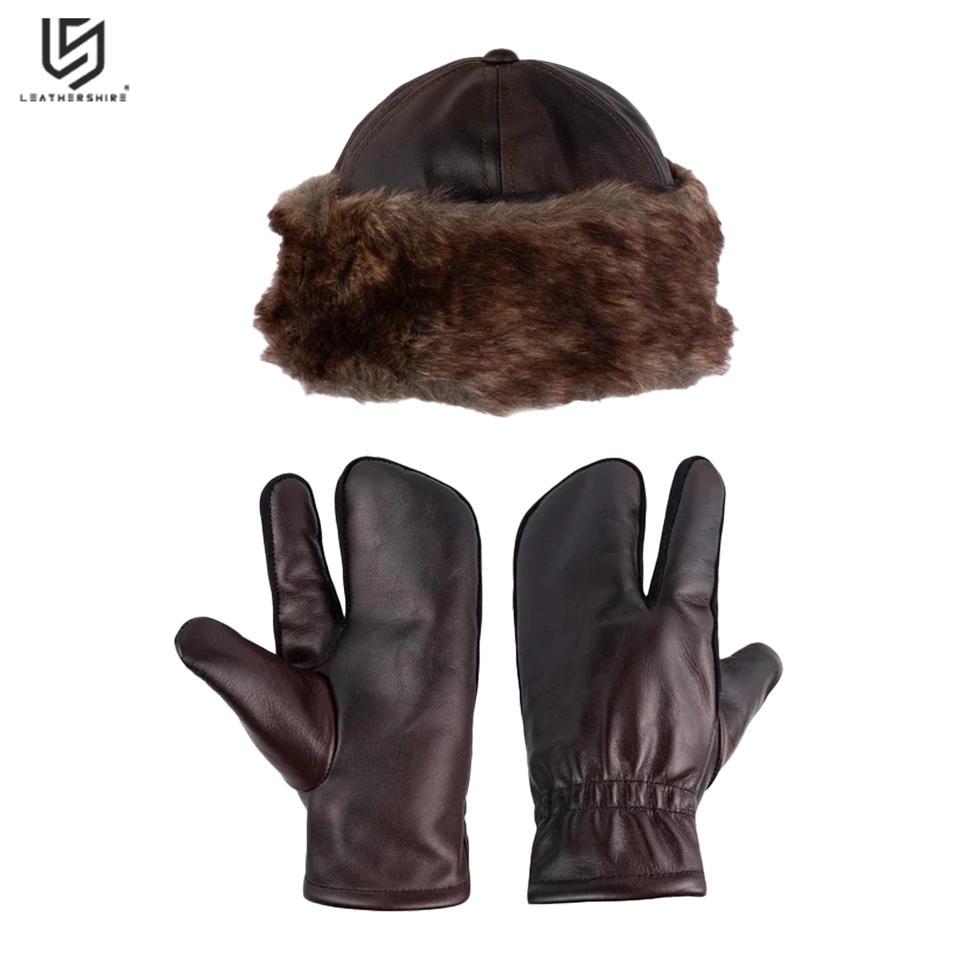 Brown Leather Mitts with Leather Cap Gift Set