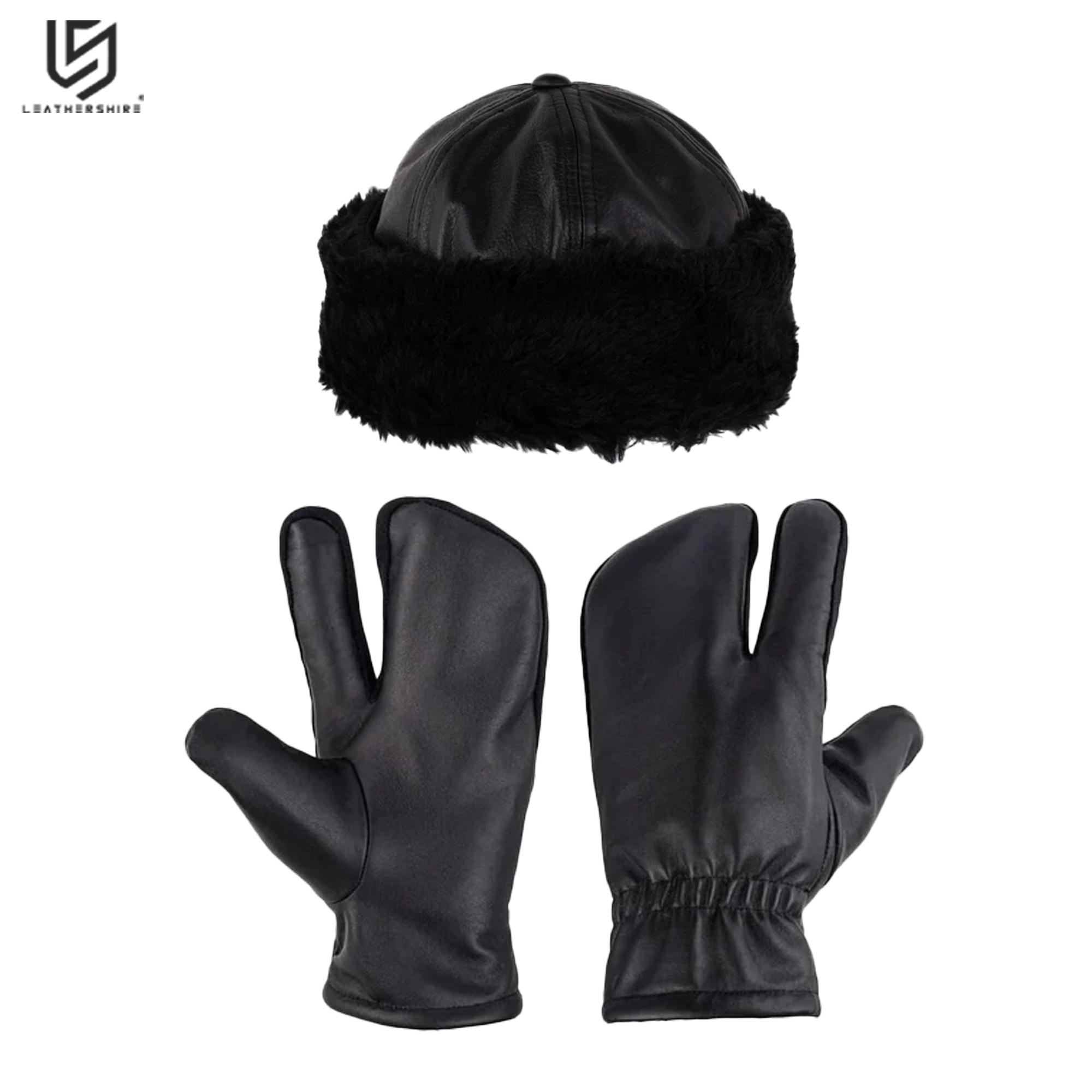 Black Leather Mitts with Leather Cap Gift Set