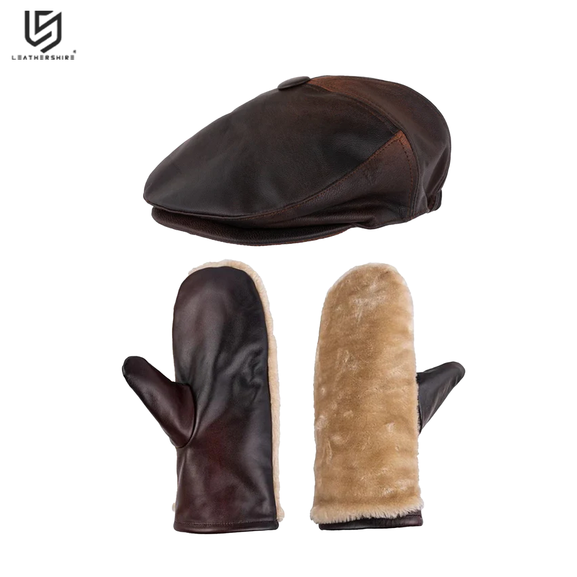 Brown Leather Mitts with Leather Cap Gift Set