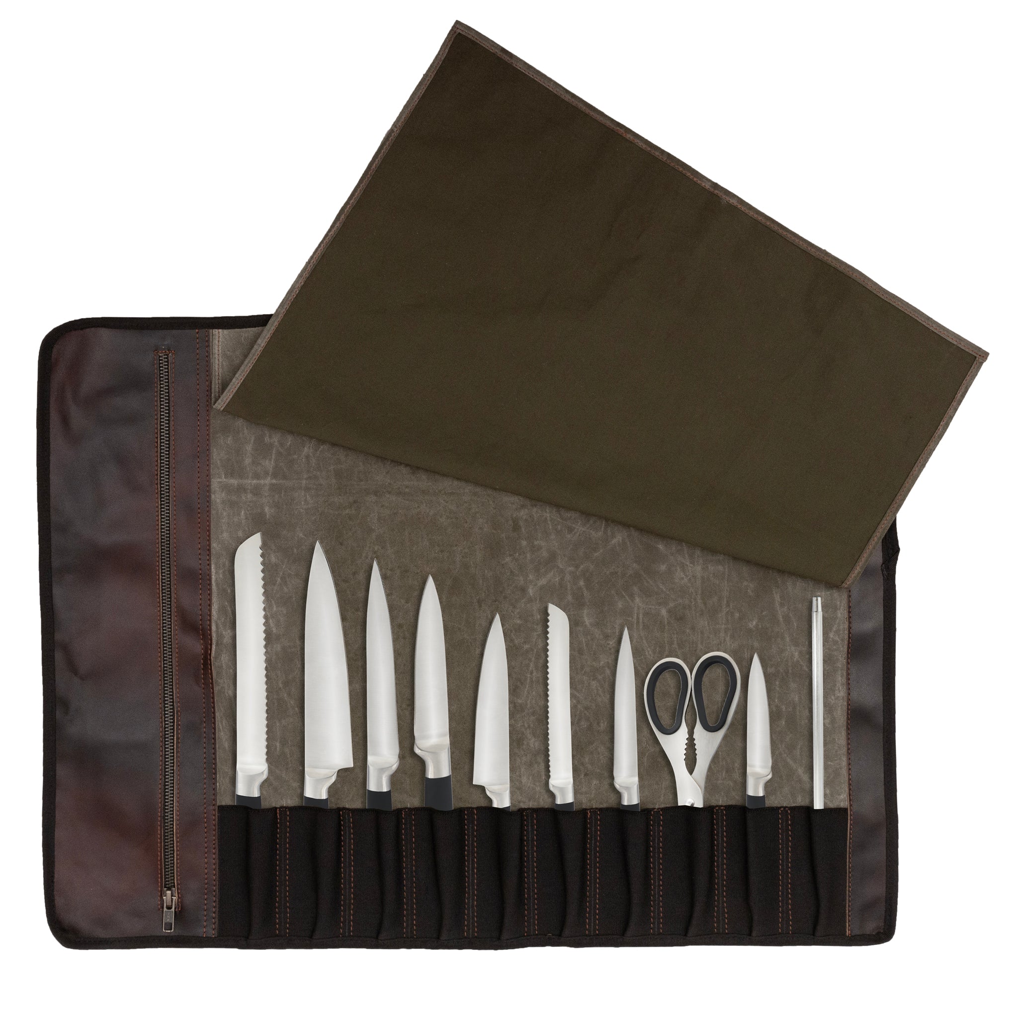 The Rutland Waxed Green with Elastic 10 Pocket Knife Roll Chef Roll