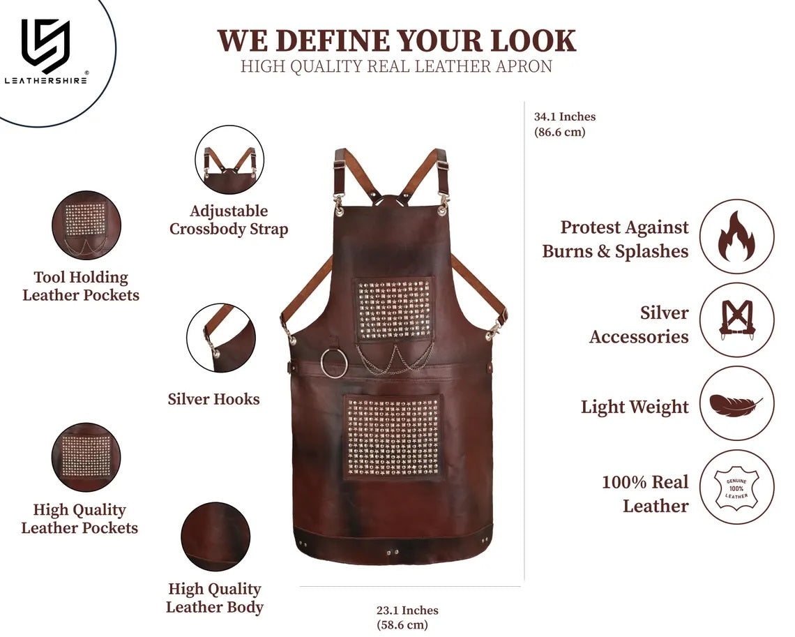 The Berkshire Brown Leather Handmade studded bonded Apron Bartender Apron