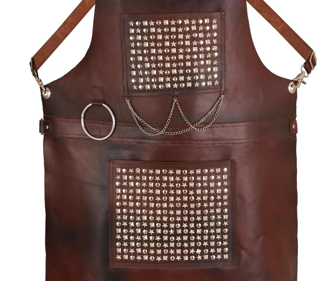 The Berkshire Brown Leather Handmade studded bonded Apron Bartender Apron