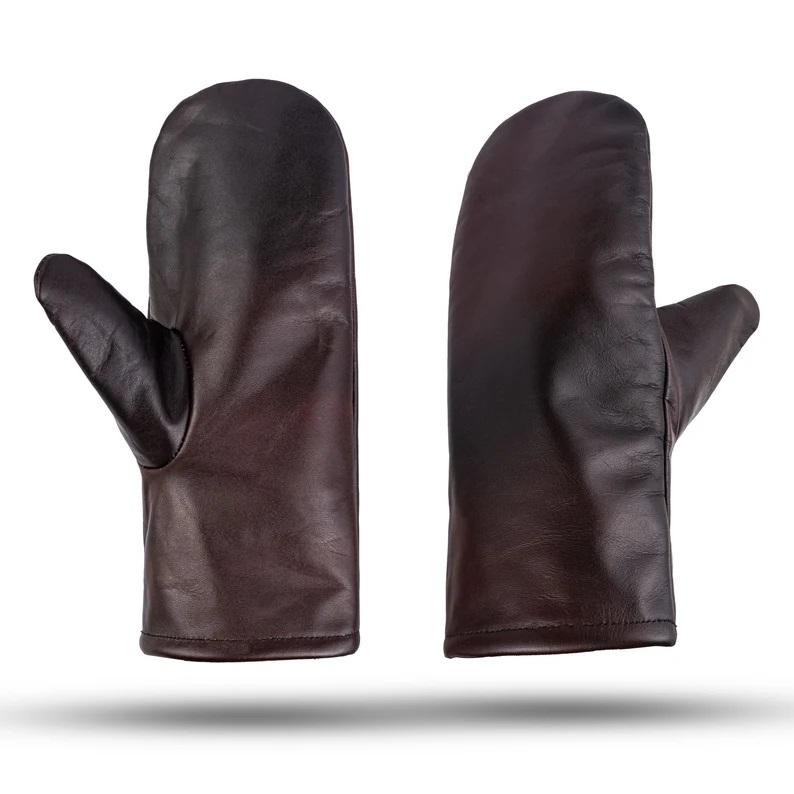 Brown Leather Mitts with Leather Cap Gift Set