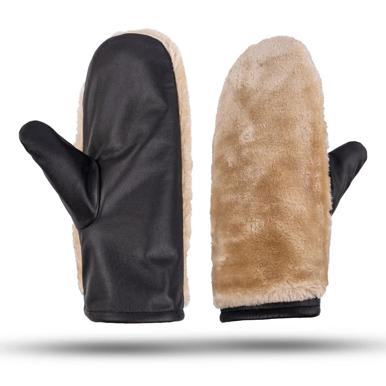 Black Leather Mitts with Leather Cap Gift Set