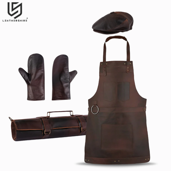 Dark brown Leather apron and Roll with Leather Mitts & Cap Gift Set - Chef Gift Set