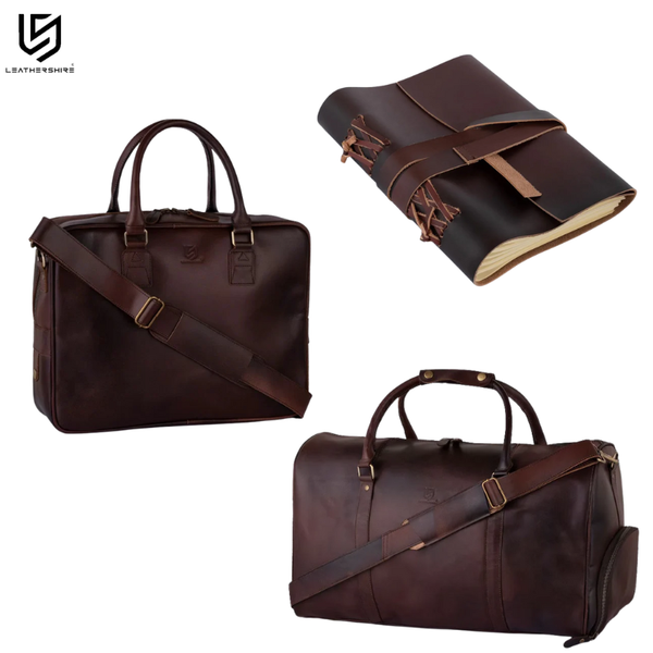 Dark Brown Leather Laptop Bag with Leather Journal and Dufffle Bag Gift Set - Leather Travel Set