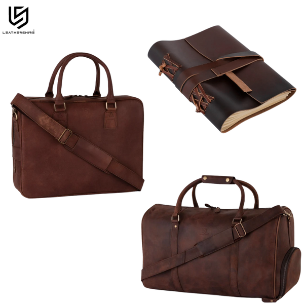 Brown Leather Laptop Bag with Leather Journal and Dufffle Bag Gift Set - Leather Travel Set
