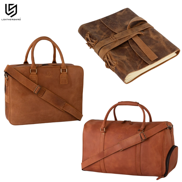 Tan Brown Leather Laptop Bag with Leather Journal and Dufffle Bag Gift Set - Leather Travel Set