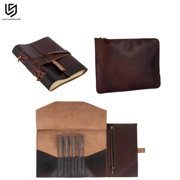 Leather Laptop Sleeve with Leather Journal and Pencil Roll Gift Set - Leather Office Set