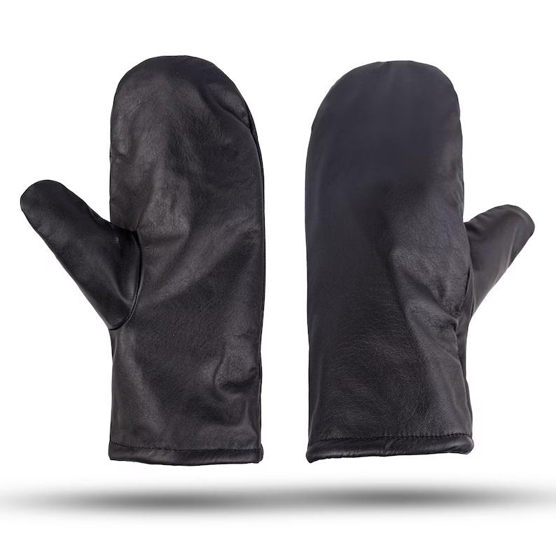 Black Leather Mitts with Leather Cap Gift Set