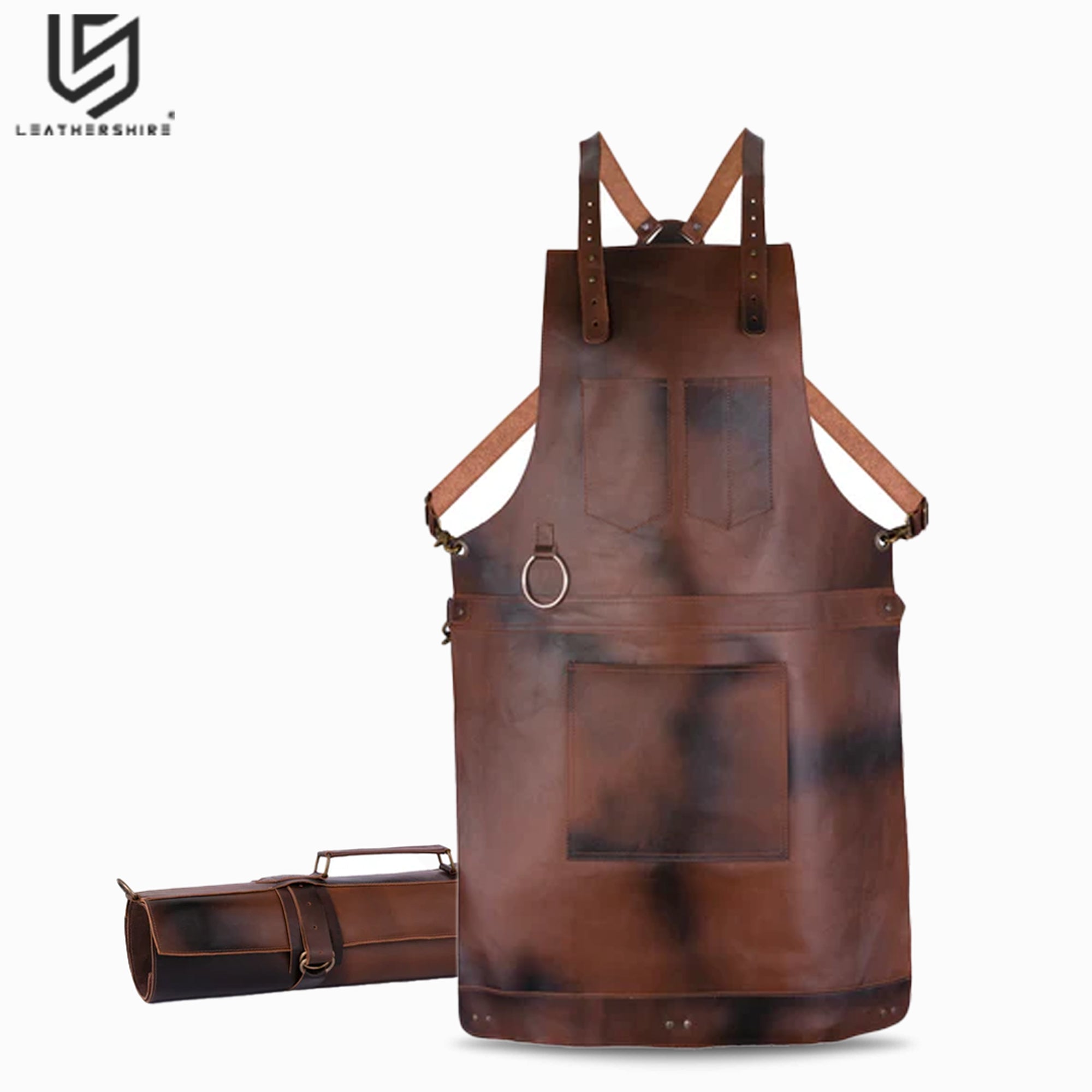 Chef Cognac Brown Leather apron and Roll Gift Set