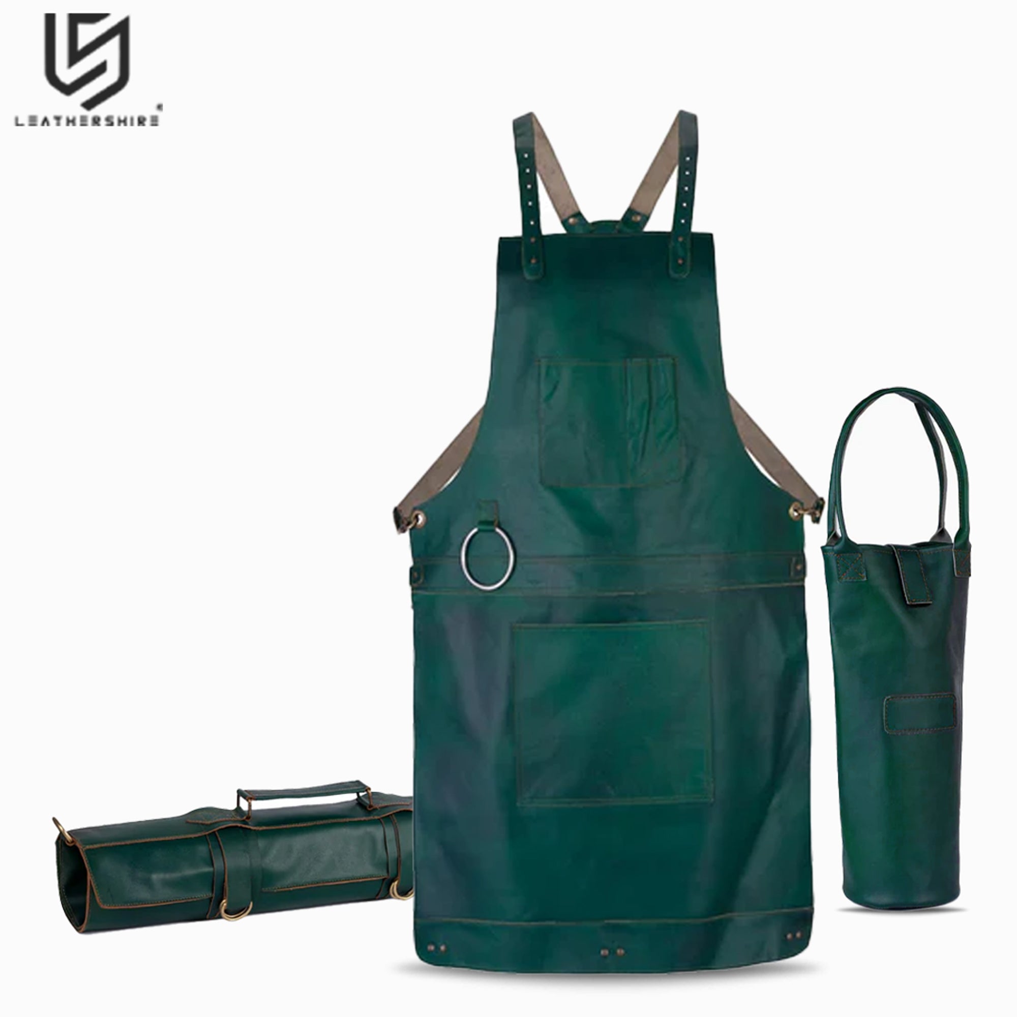 Chef Green Leather apron and Roll with Free Wine Bag Gift Set