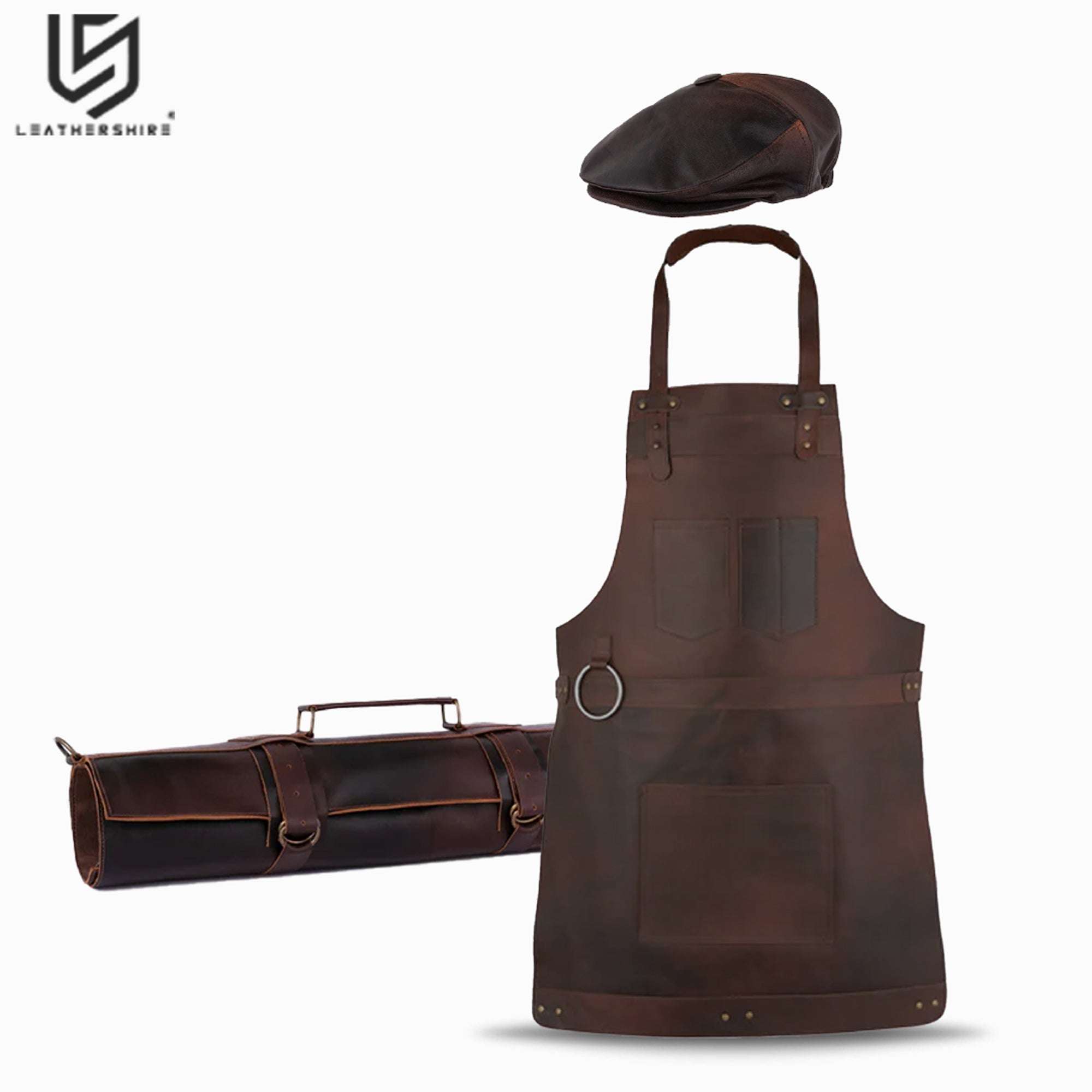 Chef Dark brown Leather apron and Roll with Free Cap Gift Set