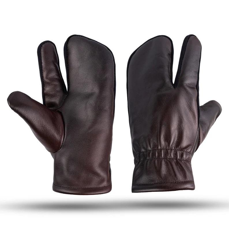 Brown Leather Mitts with Leather Cap Gift Set