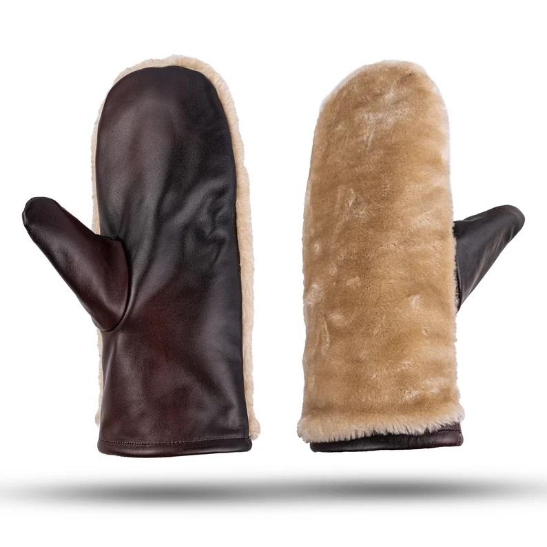 Brown Leather Mitts with Leather Cap Gift Set