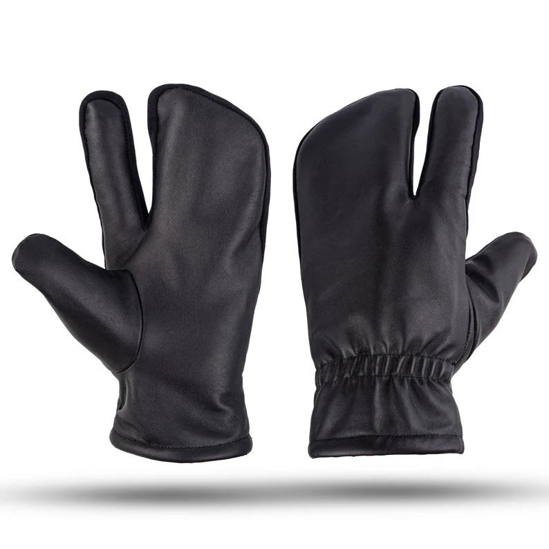 Black Leather Mitts with Leather Cap Gift Set