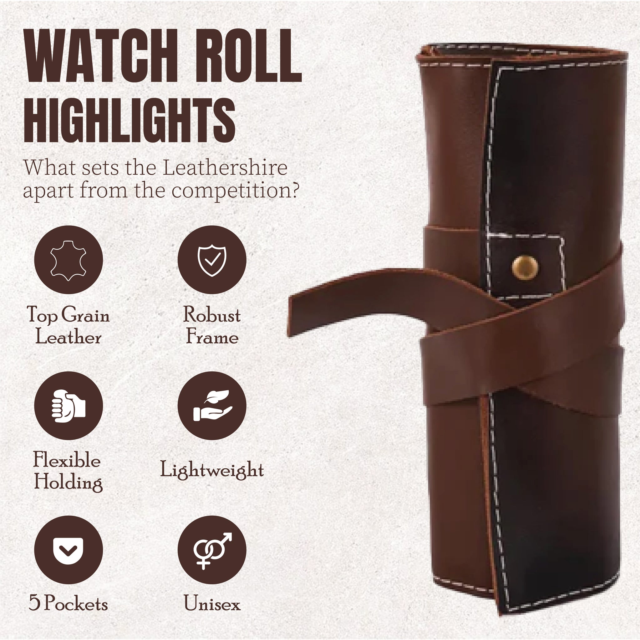 The Bristol Tan Brown Watch Roll for Travel & Storage Box