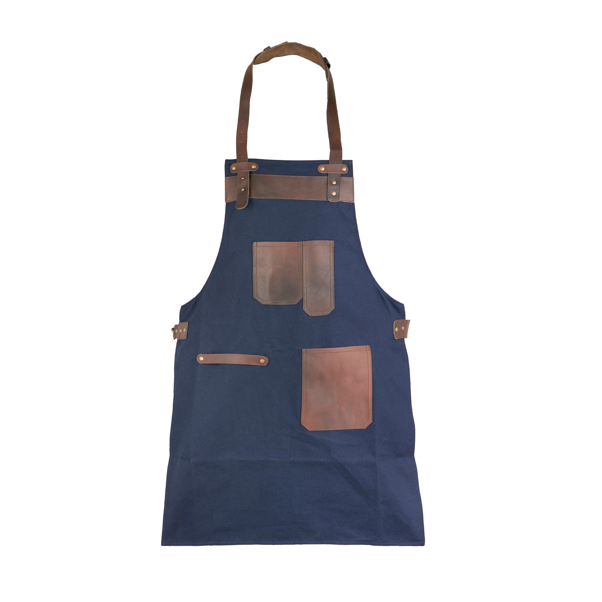 The Devon Top Grain Leather Blue Canvas Apron